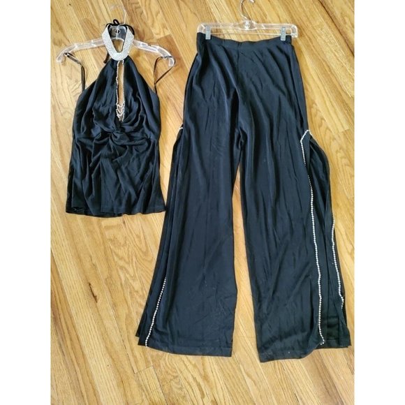 Nicole Bakti Sexy Fitted Stretch Rhinestone Evening Pantsuit SMALL Wide Leg NICE - Picture 1 of 10